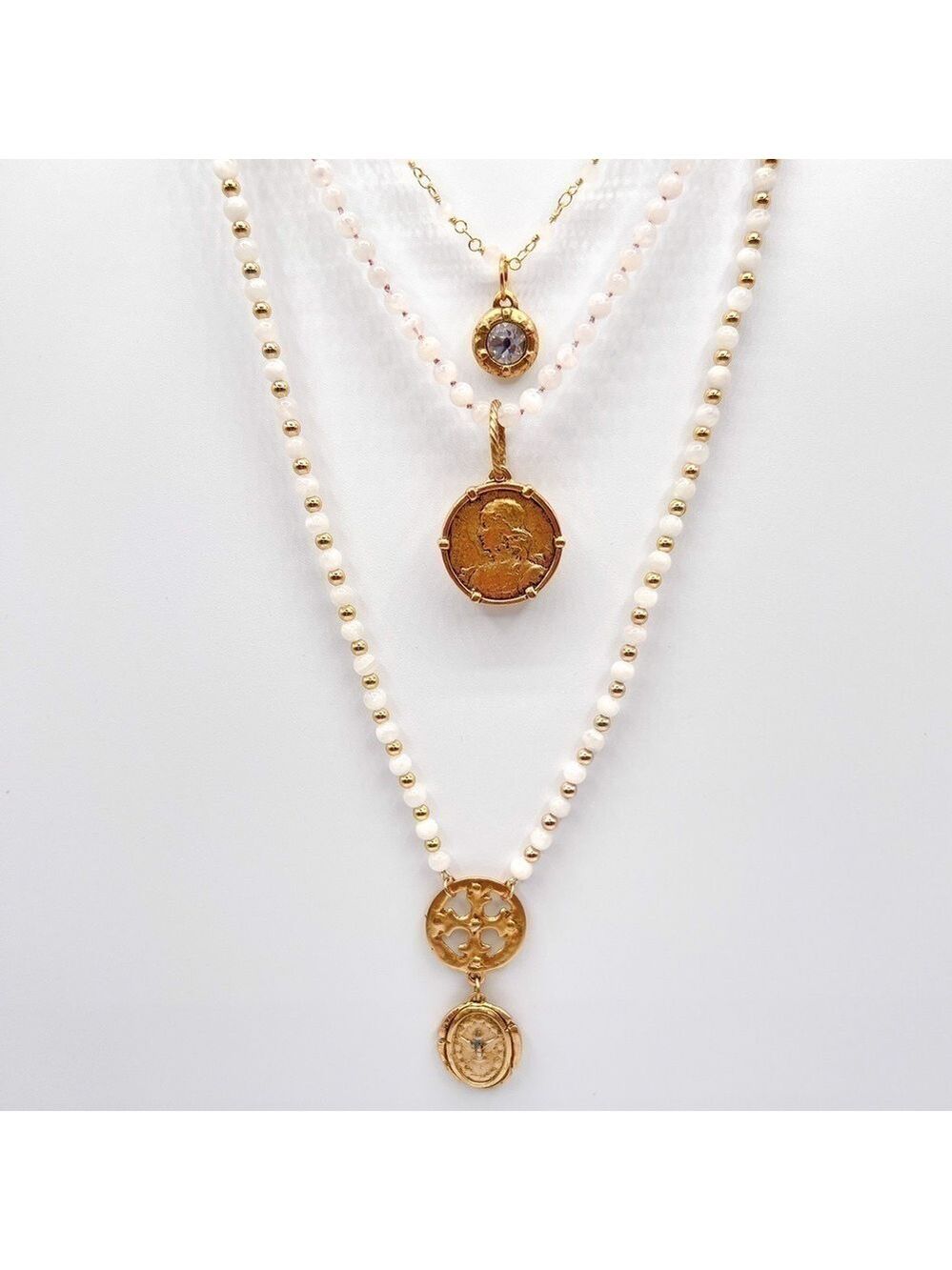 Moonstone and gold coin necklace stack